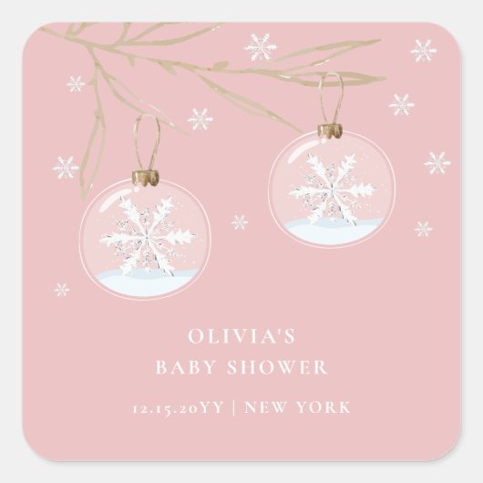 Roze Gouden Winter Sneeuwvlok Baby shower Vierkante Sticker (Voorkant)