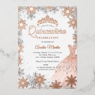 Roze Gouden Winter Sneeuwvlok Quinceanera Folie Uitnodiging