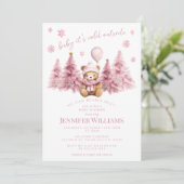 Roze Gouden Winter Teddy Bear Pine Baby Meisje Dou Kaart (Staand voorkant)