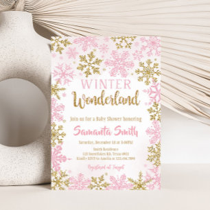 Roze Gouden Winter Wonderland Baby shower Kaart