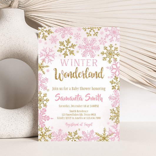 Roze Gouden Winter Wonderland Baby shower Kaart