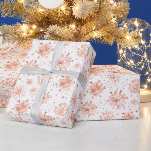 Roze Gouden Wintervlokken op Wit Patroon Cadeaupapier
