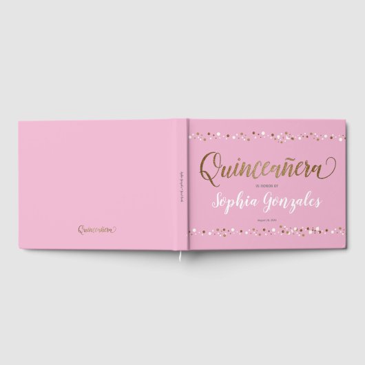 Roze gouden witte Confetti Quinceanera 15e verjaar Gastenboek (Volledig)