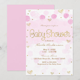 Roze Gouden Witte Stippen & Harten Baby Shower Kaart