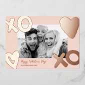 Roze gouden xo hart foto valentijnsdag  folie feestdagenkaart (Voorkant)