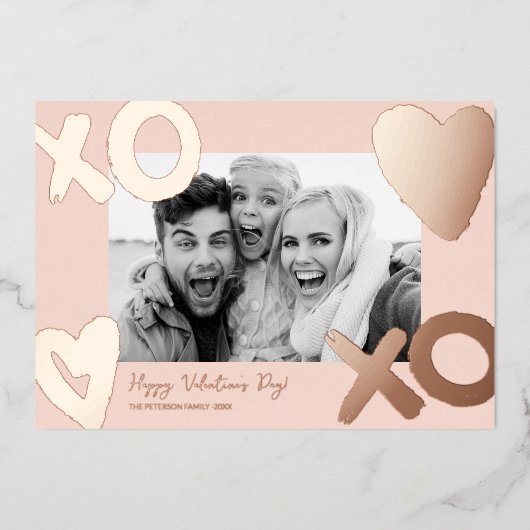 Roze gouden xo hart foto valentijnsdag  folie feestdagenkaart (Voorkant)