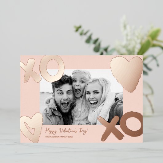 Roze gouden xo hart foto valentijnsdag  folie feestdagenkaart (Staand Voorkant)