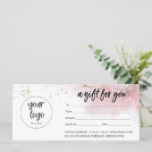 Roze Gouden Zakelijke Cadeaubon Met Logo (Staand voorkant)