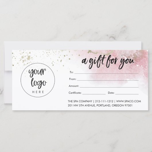 Roze Gouden Zakelijke Cadeaubon Met Logo (Voorkant)