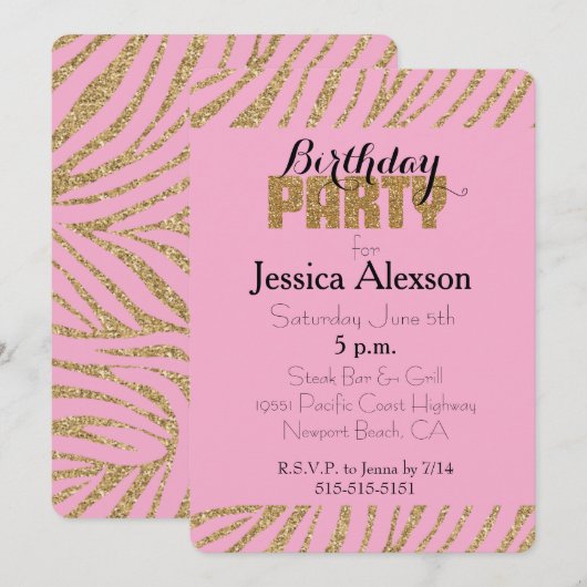 Roze gouden zebra print faux glitter verjaardag kaart (Voorkant / Achterkant)