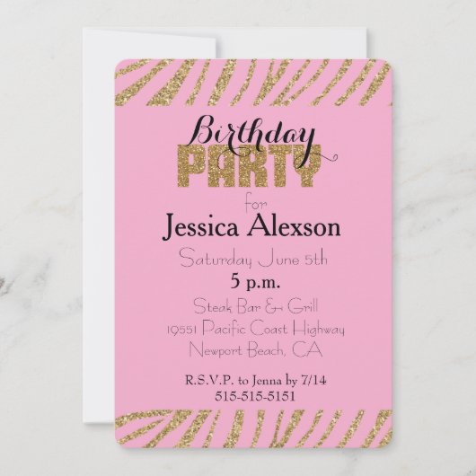 Roze gouden zebra print faux glitter verjaardag kaart (Voorkant)