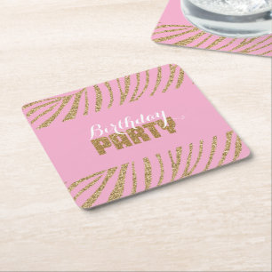 Roze gouden zebra print faux glitter verjaardag kartonnen onderzetters
