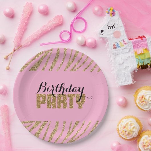 Roze gouden zebra print faux glitter verjaardag papieren bordje (Feest)