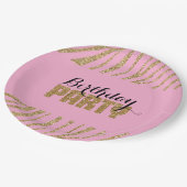 Roze gouden zebra print faux glitter verjaardag papieren bordje (Gekanteld)