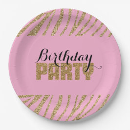 Roze gouden zebra print faux glitter verjaardag papieren bordje