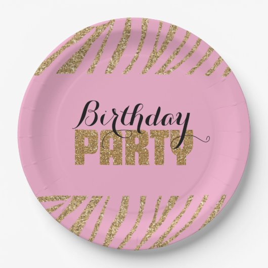 Roze gouden zebra print faux glitter verjaardag papieren bordje (Voorkant)