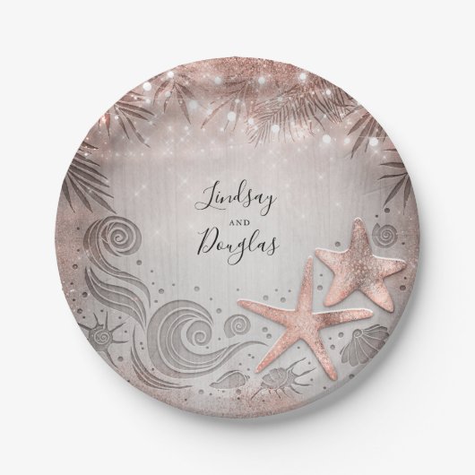 Roze Gouden Zeester Tropisch Strand Bruiloft Papieren Bordje (Voorkant)