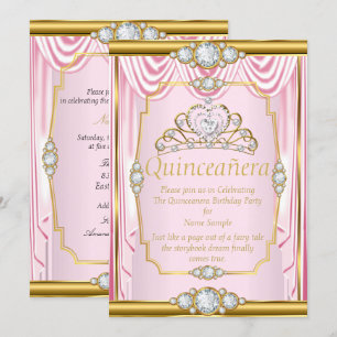 Roze Gouden Zijde Prinses Quinceanera Roze Uitnodi Kaart