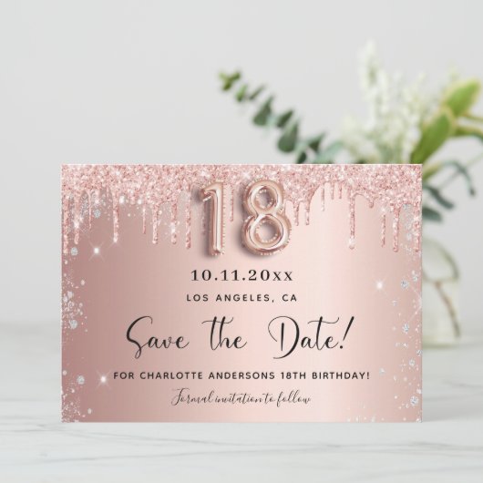 Roze gouden zilveren 18e verjaardag save the date  (Staand voorkant)