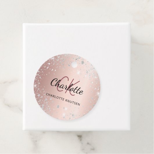 Roze gouden zilveren glinsterende monogram naam sc bedankjes labels (In situ)