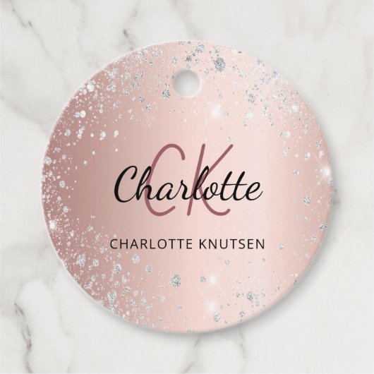 Roze gouden zilveren glinsterende monogram naam sc bedankjes labels (Voorkant)
