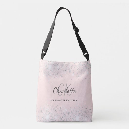 Roze gouden zilveren glitters stof monogram naam crossbody tas (Achterkant)