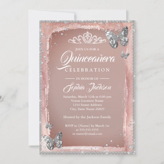 Roze Gouden Zilveren Vlinder Glitter Quinceanera Kaart (Voorkant)
