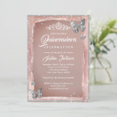 Roze Gouden Zilveren Vlinder Glitter Quinceanera Kaart (Staand voorkant)