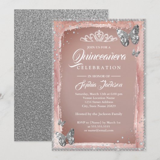 Roze Gouden Zilveren Vlinder Glitter Quinceanera Kaart (Voorkant / Achterkant)