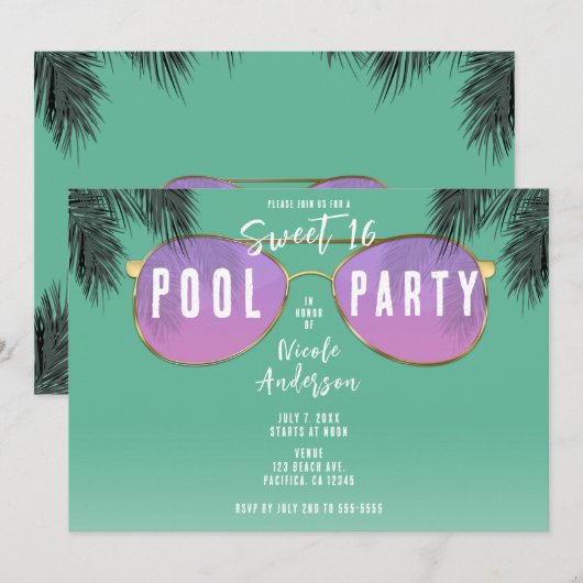 Roze & Gouden Zonnebril Blauwgroen Sweet 16 Pool P Kaart (Voorkant / Achterkant)