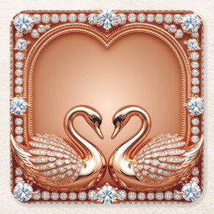 Roze Gouden Zwanen Diamanten Hart Sieraad Romantis Kartonnen Onderzetters