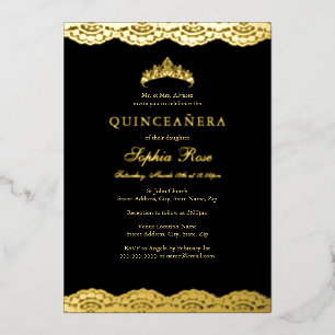 Roze Gouden Zwarte Kanten Tiara Quinceanera Folie Uitnodiging