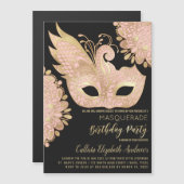  roze gouden zwarte maskerade Masker Birthday Magnetische Uitnodiging (Voorkant / Achterkant)