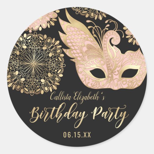  roze gouden zwarte maskerade Masker Birthday Ronde Sticker (Voorkant)