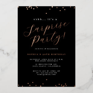 Roze Gouden Zwarte Script Confetti Surprise Feest Folie Uitnodiging
