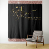 Roze Gouden Zwarte Sweet 16 Glitter Confetti Achte Wandkleed (In situ)