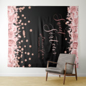 Roze Gouden Zwarte Sweet 16 Glitter Confetti Bloem Wandkleed (In Situ (horizontaal))