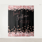 Roze Gouden Zwarte Sweet 16 Glitter Confetti Bloem Wandkleed (Voorkant)
