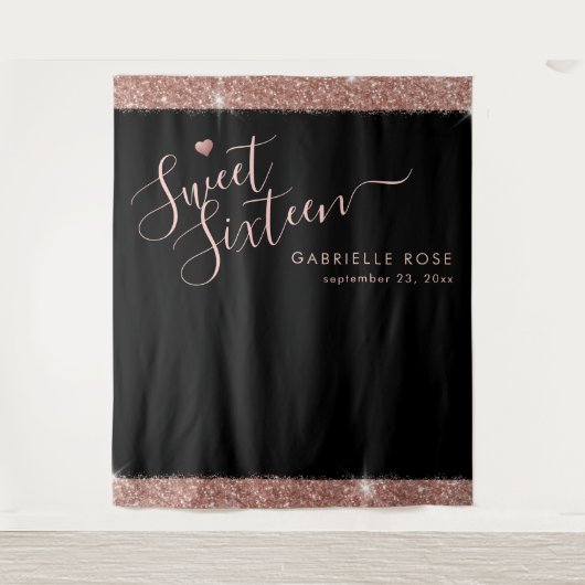 Roze Gouden Zwarte Sweet 16 Glitter Foto Achtergro Wandkleed (Voorkant)