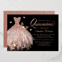 Roze Gouden Zwarte Vlinder Jurk Quinceanera