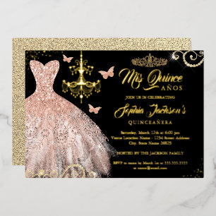 Roze Gouden Zwarte Vlinder Tiara Jurk Quinceanera Folie Uitnodiging