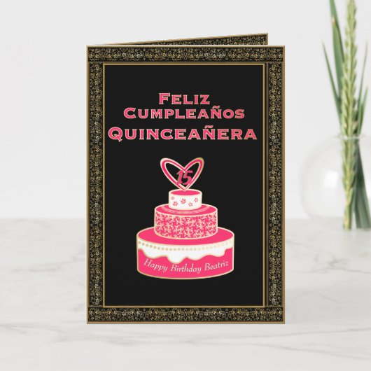 roze goudendaagse Cake Quinceañera Kaart (Voorkant)