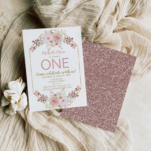  roze goudflora grote eerste verjaardag kaart