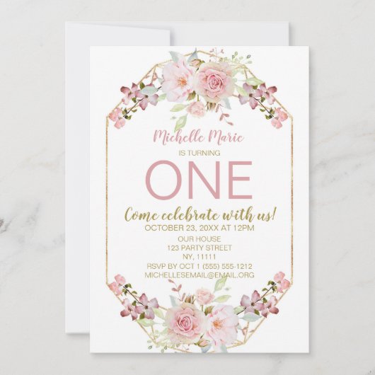  roze goudflora grote eerste verjaardag kaart (Voorkant)