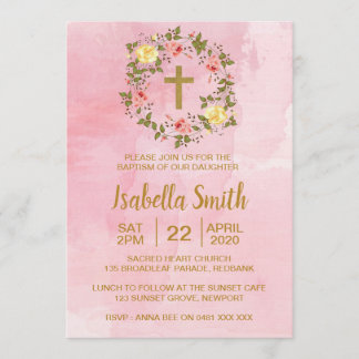 Roze goudfloreel Baptisme / Christening Uitnodigin Kaart