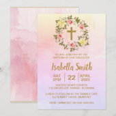 Roze goudfloreel Baptisme / Christening Uitnodigin Kaart (Voorkant / Achterkant)