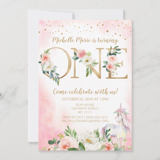  roze goudfloron eerste verjaardag kaart (Voorkant)