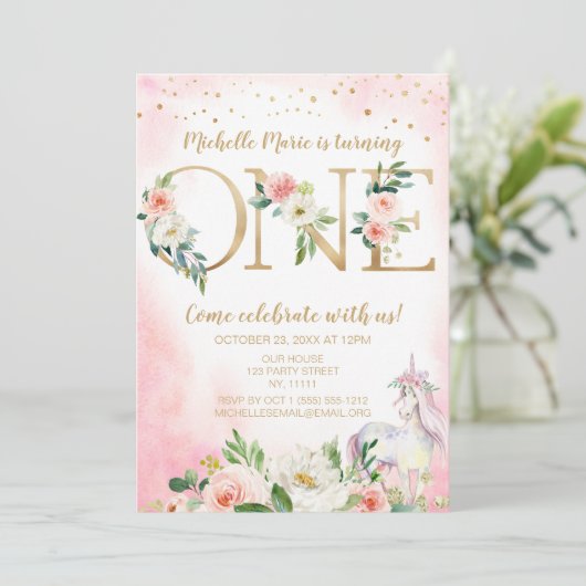  roze goudfloron eerste verjaardag kaart (Staand voorkant)