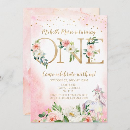  roze goudfloron eerste verjaardag kaart (Voorkant / Achterkant)