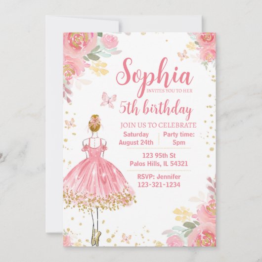 Roze goudglitter ballerina verjaardagsuitnodiging kaart (Voorkant)